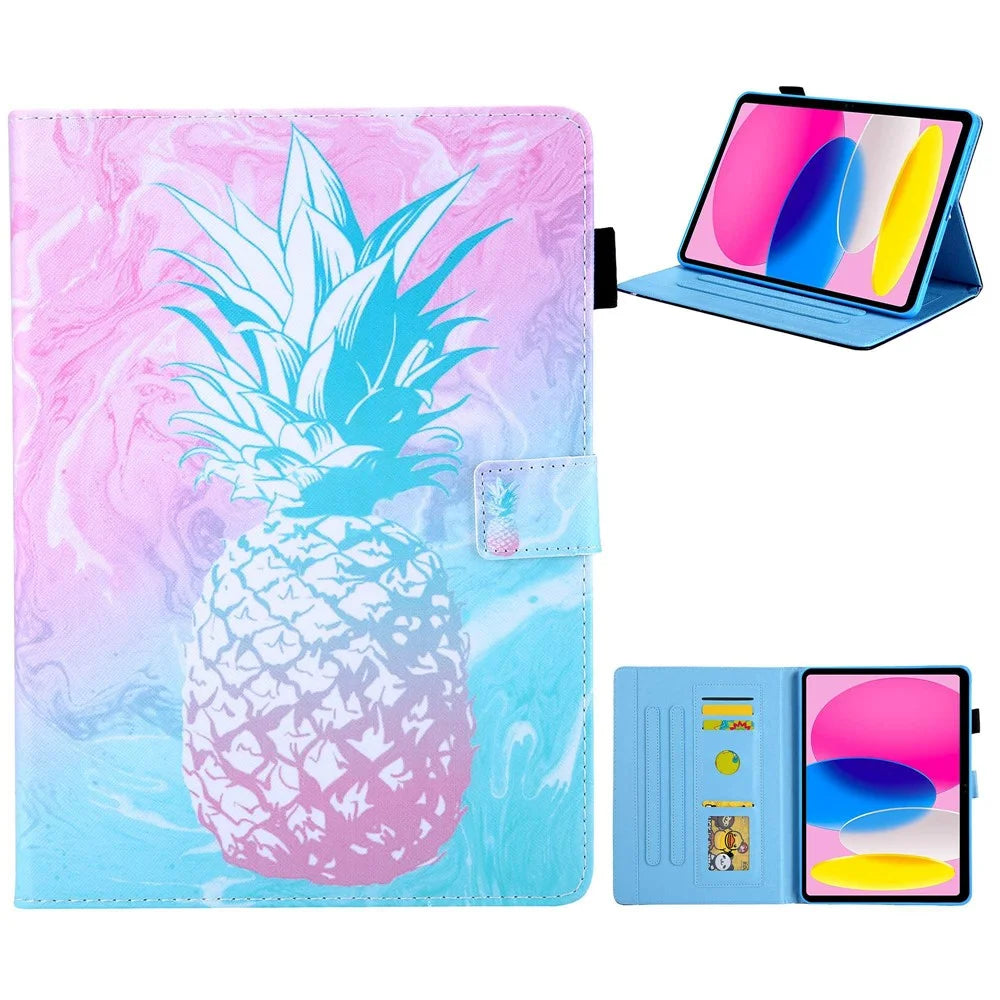 For iPad (2025) / 10.9 (2022) PU Leather Tablet Case Pattern Printing Stand Cover with Card Holder - Blue Pink Pineapple - 1