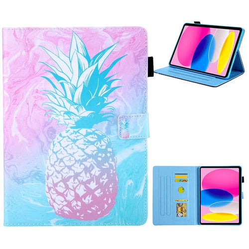 For iPad (2025) / 10.9 (2022) PU Leather Tablet Case Pattern Printing Stand Cover with Card Holder - Blue Pink Pineapple - 1