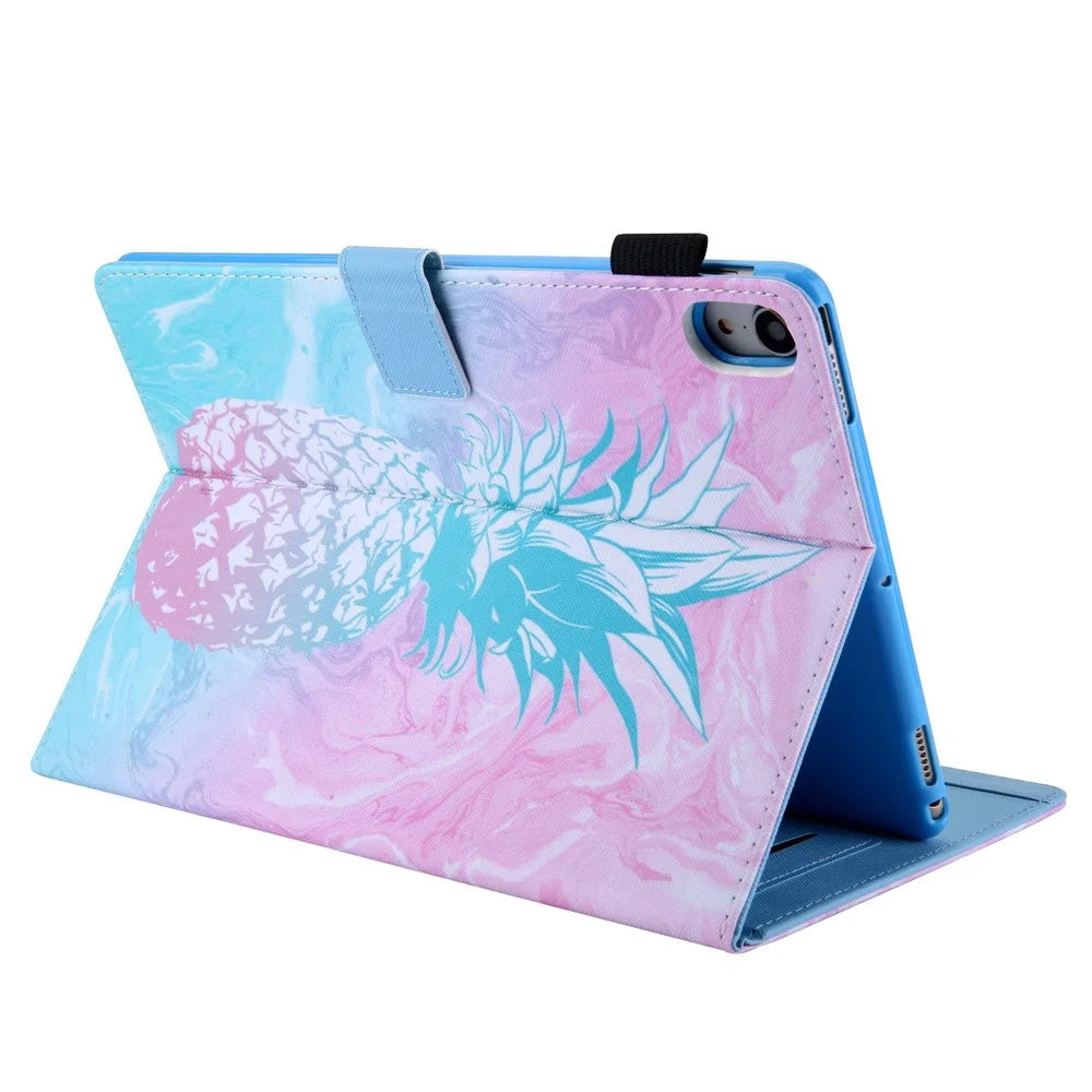 For iPad (2025) / 10.9 (2022) PU Leather Tablet Case Pattern Printing Stand Cover with Card Holder - Blue Pink Pineapple - 4
