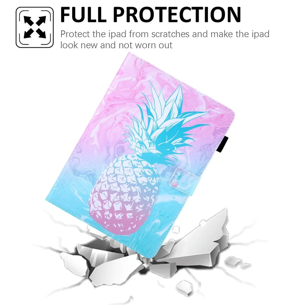 For iPad (2025) / 10.9 (2022) PU Leather Tablet Case Pattern Printing Stand Cover with Card Holder - Blue Pink Pineapple - 5