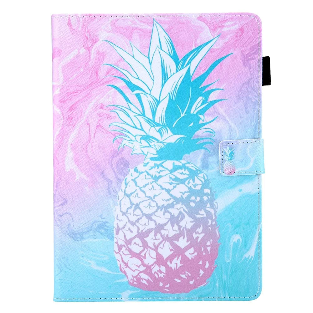 For iPad (2025) / 10.9 (2022) PU Leather Tablet Case Pattern Printing Stand Cover with Card Holder - Blue Pink Pineapple - 6