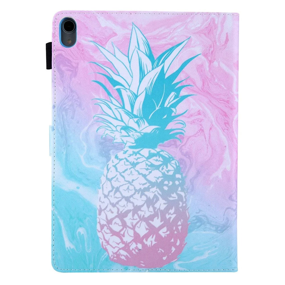 For iPad (2025) / 10.9 (2022) PU Leather Tablet Case Pattern Printing Stand Cover with Card Holder - Blue Pink Pineapple - 7