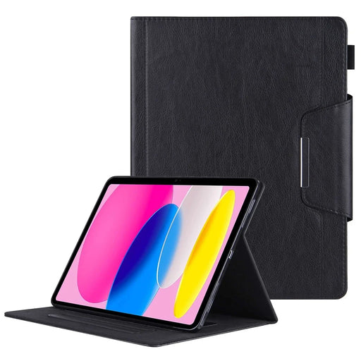 For iPad (2025) / 10.9 (2022) Tablet Cover Big Metal Buckle Wallet Stand Leather Protective Case with Pen Slot - Black - 1