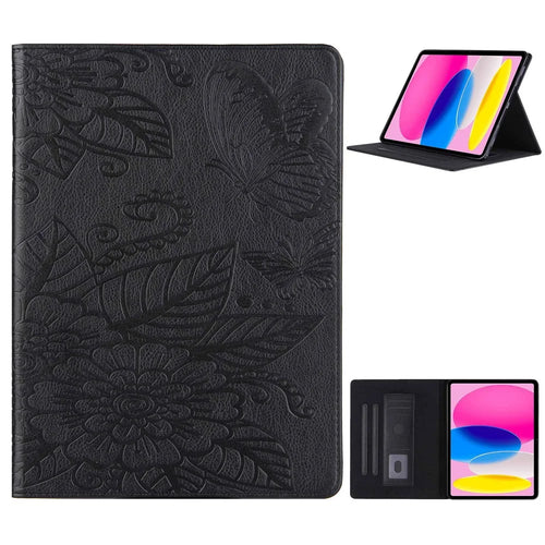 Tablet Case For iPad (2025) / 10.9 (2022) PU Leather Flower Butterfly Imprinted Tablet Stand Cover Auto Wake  /  Sleep Card Holder - Black - 1