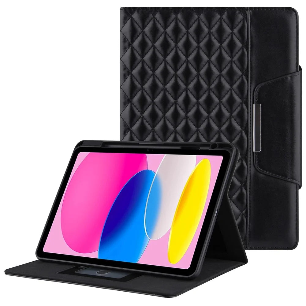 For iPad (2025) / 10.9 (2022) Full Protection Tablet Cover Stand Big Metal Buckle Rhombus Texture Leather Drop-Proof Tablet Case - Black - 1