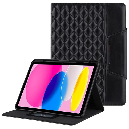 For iPad (2025) / 10.9 (2022) Full Protection Tablet Cover Stand Big Metal Buckle Rhombus Texture Leather Drop-Proof Tablet Case - Black - 1