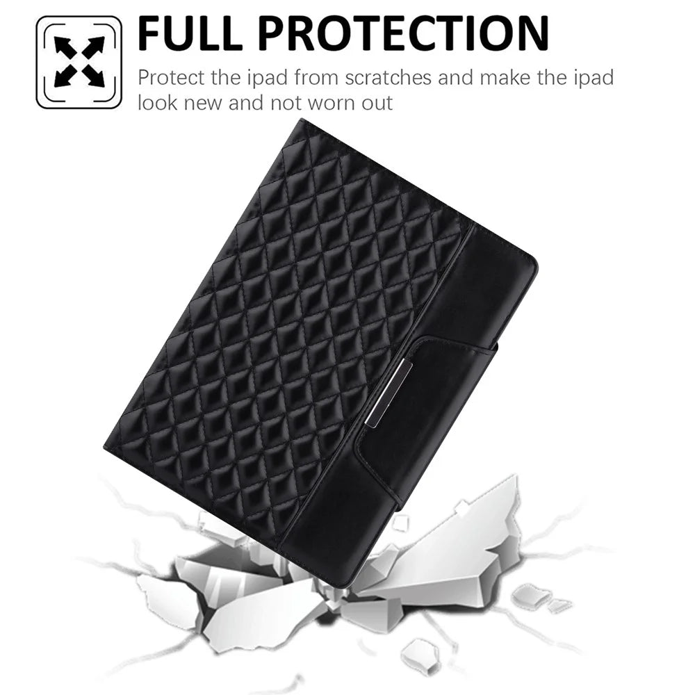 For iPad (2025) / 10.9 (2022) Full Protection Tablet Cover Stand Big Metal Buckle Rhombus Texture Leather Drop-Proof Tablet Case - Black - 4
