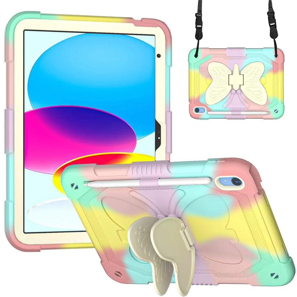 For iPad (2025) / 10.9 (2022) Silicone + PC Tablet Case Butterfly Shape Kickstand Anti-Drop Protective Cover with Shoulder Strap - Colorful Rose Gold - 1