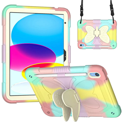 For iPad (2025) / 10.9 (2022) Silicone + PC Tablet Case Butterfly Shape Kickstand Anti-Drop Protective Cover with Shoulder Strap - Colorful Rose Gold - 1