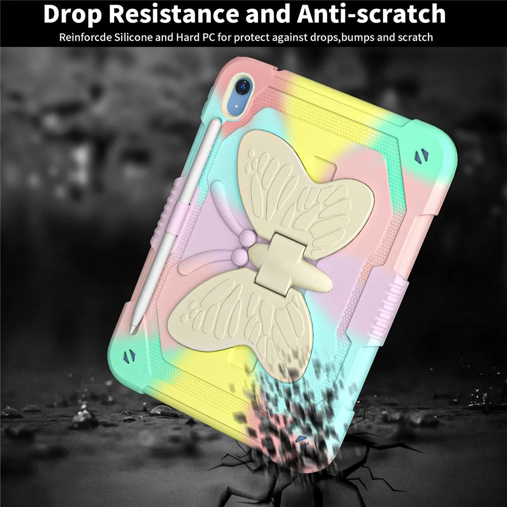 For iPad (2025) / 10.9 (2022) Silicone + PC Tablet Case Butterfly Shape Kickstand Anti-Drop Protective Cover with Shoulder Strap - Colorful Rose Gold - 2