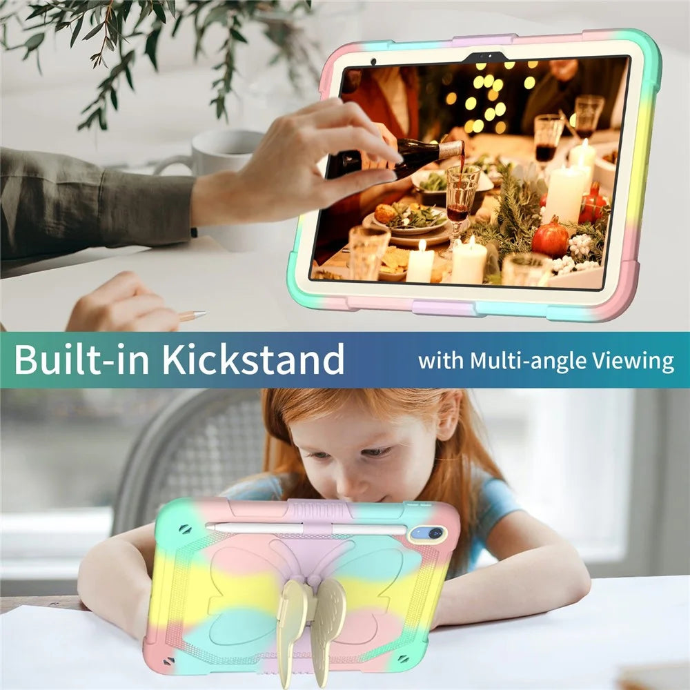 For iPad (2025) / 10.9 (2022) Silicone + PC Tablet Case Butterfly Shape Kickstand Anti-Drop Protective Cover with Shoulder Strap - Colorful Rose Gold - 3