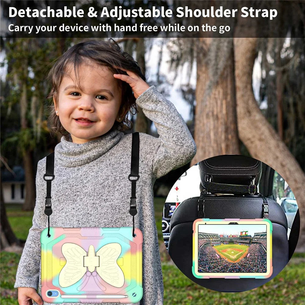 For iPad (2025) / 10.9 (2022) Silicone + PC Tablet Case Butterfly Shape Kickstand Anti-Drop Protective Cover with Shoulder Strap - Colorful Rose Gold - 5
