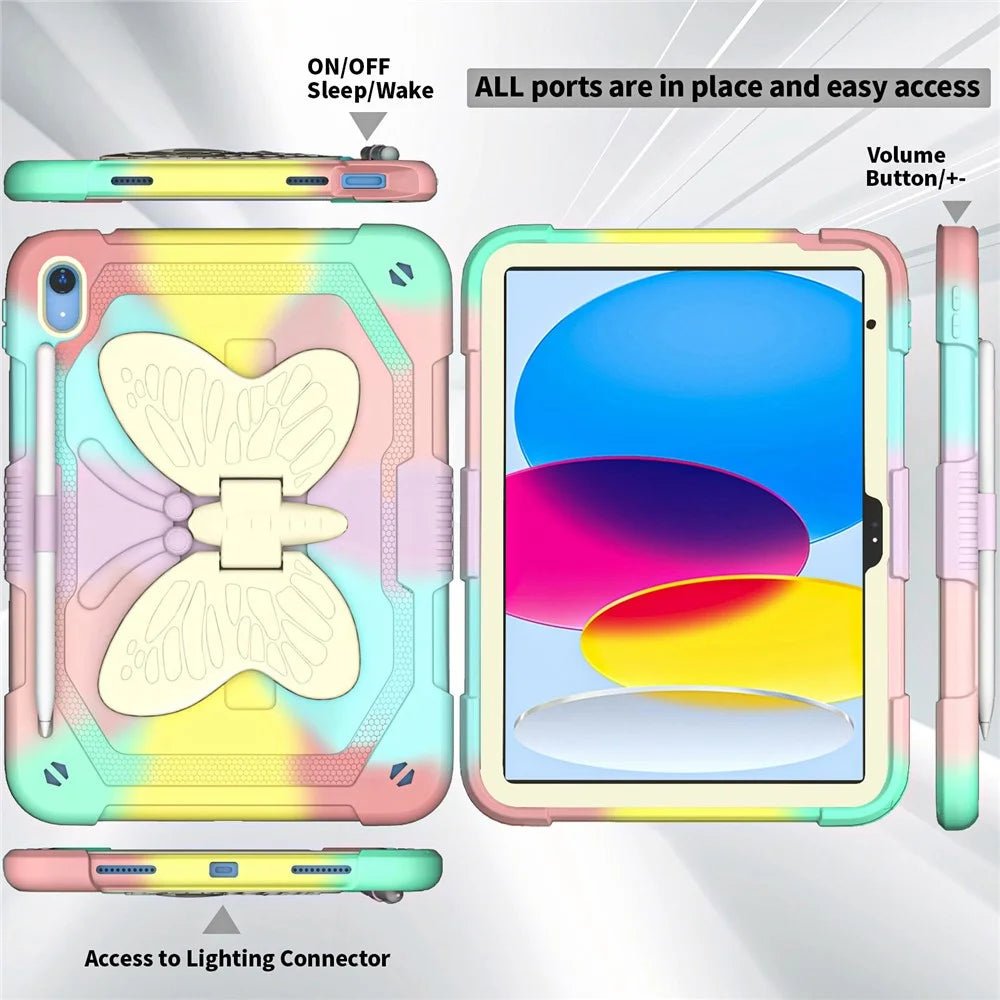 For iPad (2025) / 10.9 (2022) Silicone + PC Tablet Case Butterfly Shape Kickstand Anti-Drop Protective Cover with Shoulder Strap - Colorful Rose Gold - 6
