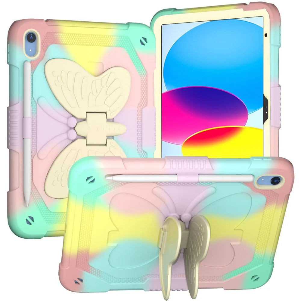For iPad (2025) / 10.9 (2022) Silicone + PC Tablet Case Butterfly Shape Kickstand Anti-Drop Protective Cover with Shoulder Strap - Colorful Rose Gold - 7