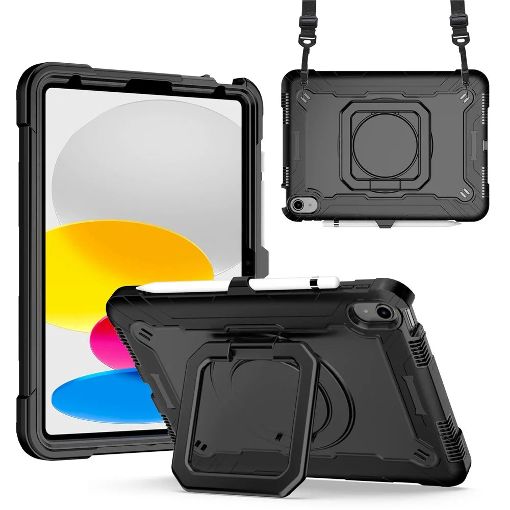 For iPad (2025) / iPad 10.9 (2022) PC + Silicone Tablet Case with 360 Degree Rotating Handle Kickstand and Detachable Shoulder Strap - Black - 1