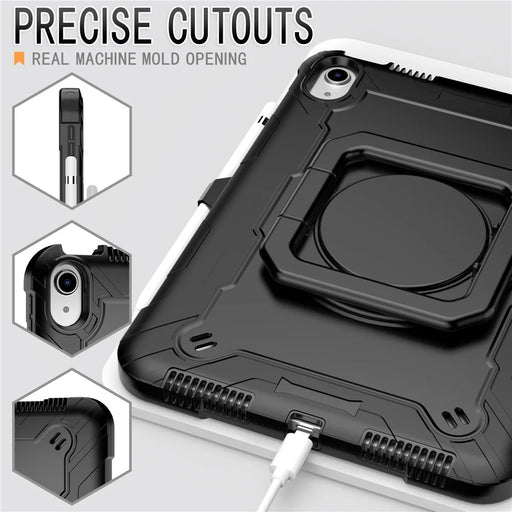 For iPad (2025) / iPad 10.9 (2022) PC + Silicone Tablet Case with 360 Degree Rotating Handle Kickstand and Detachable Shoulder Strap - Black - 2