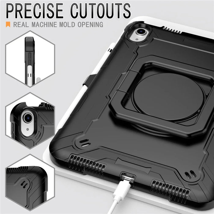 For iPad (2025) / iPad 10.9 (2022) PC + Silicone Tablet Case with 360 Degree Rotating Handle Kickstand and Detachable Shoulder Strap - Black - 2
