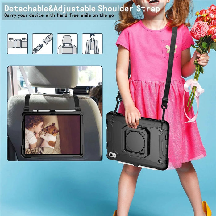 For iPad (2025) / iPad 10.9 (2022) PC + Silicone Tablet Case with 360 Degree Rotating Handle Kickstand and Detachable Shoulder Strap - Black - 3