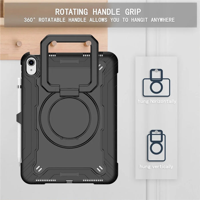 For iPad (2025) / iPad 10.9 (2022) PC + Silicone Tablet Case with 360 Degree Rotating Handle Kickstand and Detachable Shoulder Strap - Black - 4