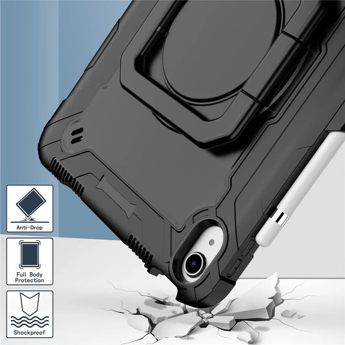 For iPad (2025) / iPad 10.9 (2022) PC + Silicone Tablet Case with 360 Degree Rotating Handle Kickstand and Detachable Shoulder Strap - Black - 7