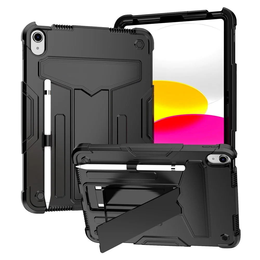 For iPad (2025) / iPad 10.9 (2022) Protective Case Hard PC Silicone Tablet Case Foldable T-Shaped Kickstand Shockproof Cover - Black - 1