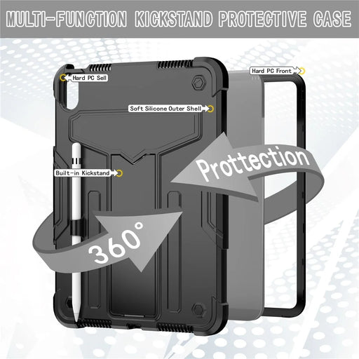 For iPad (2025) / iPad 10.9 (2022) Protective Case Hard PC Silicone Tablet Case Foldable T-Shaped Kickstand Shockproof Cover - Black - 2