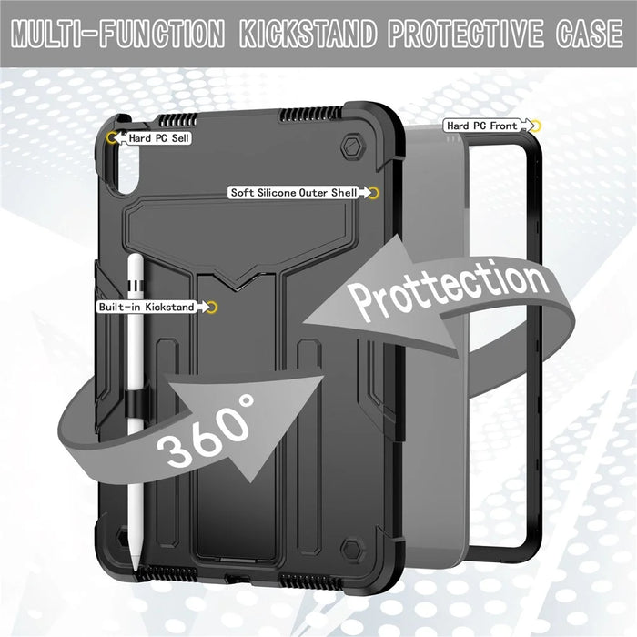 For iPad (2025) / iPad 10.9 (2022) Protective Case Hard PC Silicone Tablet Case Foldable T-Shaped Kickstand Shockproof Cover - Black - 2