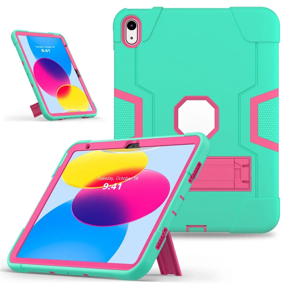 For iPad (2025) / 10.9 (2022) Robot Style Silicone + PC Tablet Case Color Contrast Anti-Fall Kickstand Protective Case - Mint Green / Rose - 1