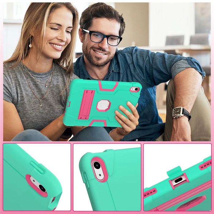For iPad (2025) / 10.9 (2022) Robot Style Silicone + PC Tablet Case Color Contrast Anti-Fall Kickstand Protective Case - Mint Green / Rose - 4