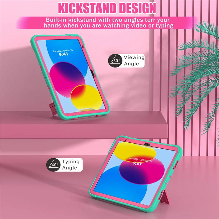 For iPad (2025) / 10.9 (2022) Robot Style Silicone + PC Tablet Case Color Contrast Anti-Fall Kickstand Protective Case - Mint Green / Rose - 5