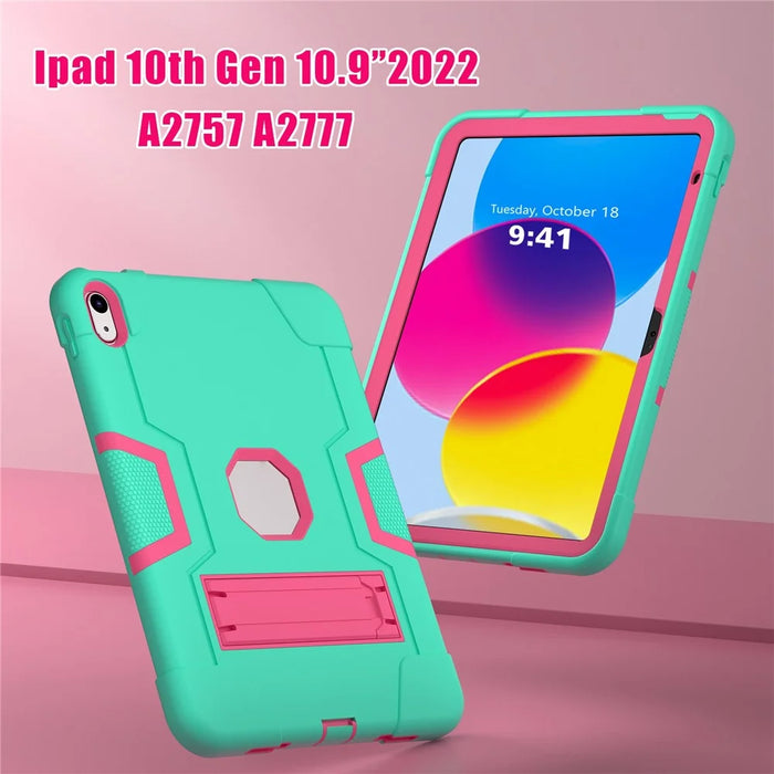 For iPad (2025) / 10.9 (2022) Robot Style Silicone + PC Tablet Case Color Contrast Anti-Fall Kickstand Protective Case - Mint Green / Rose - 7