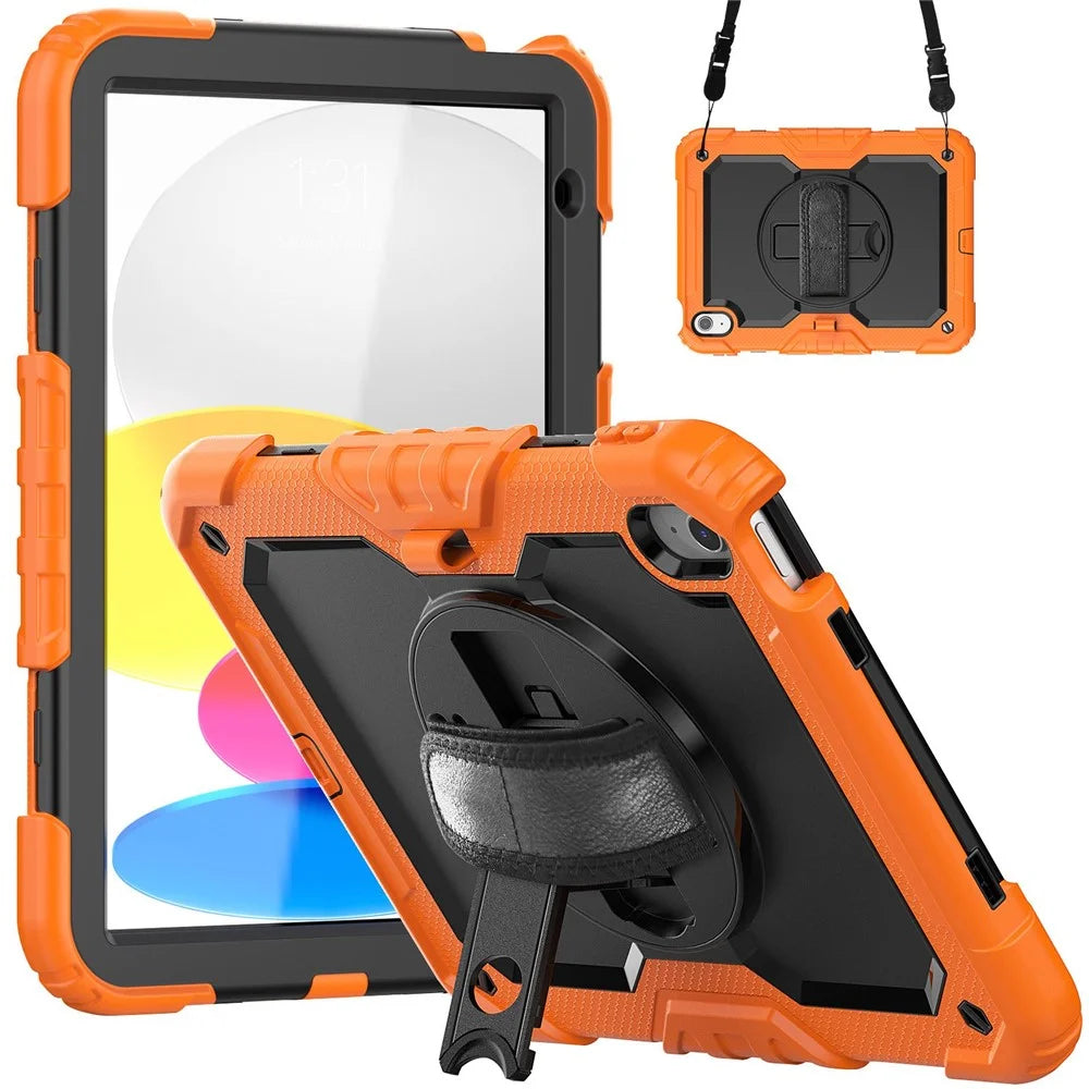 For iPad (2025) / iPad 10.9 (2022) Kickstand Case Shockproof Silicone + PC Tablet Cover with Rotating Hand Strap and Shoulder Strap - Orange - 1