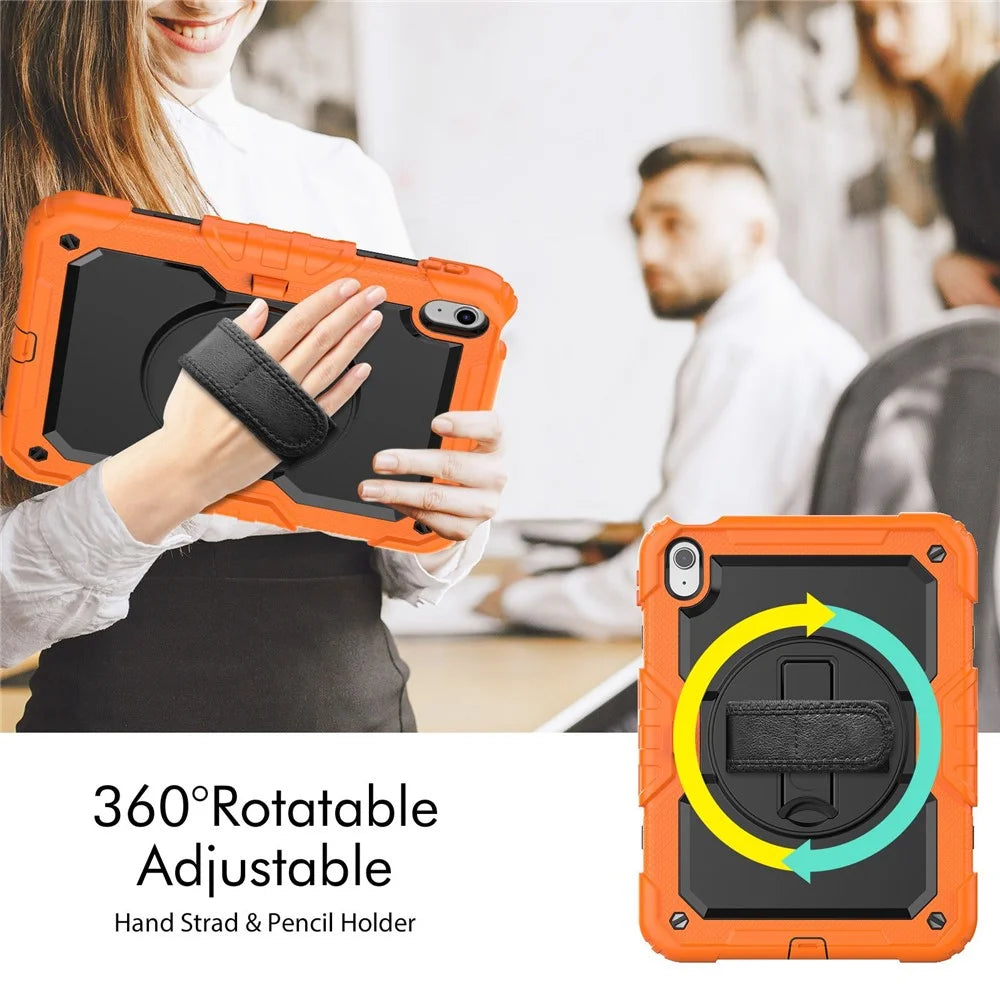 For iPad (2025) / iPad 10.9 (2022) Kickstand Case Shockproof Silicone + PC Tablet Cover with Rotating Hand Strap and Shoulder Strap - Orange - 2