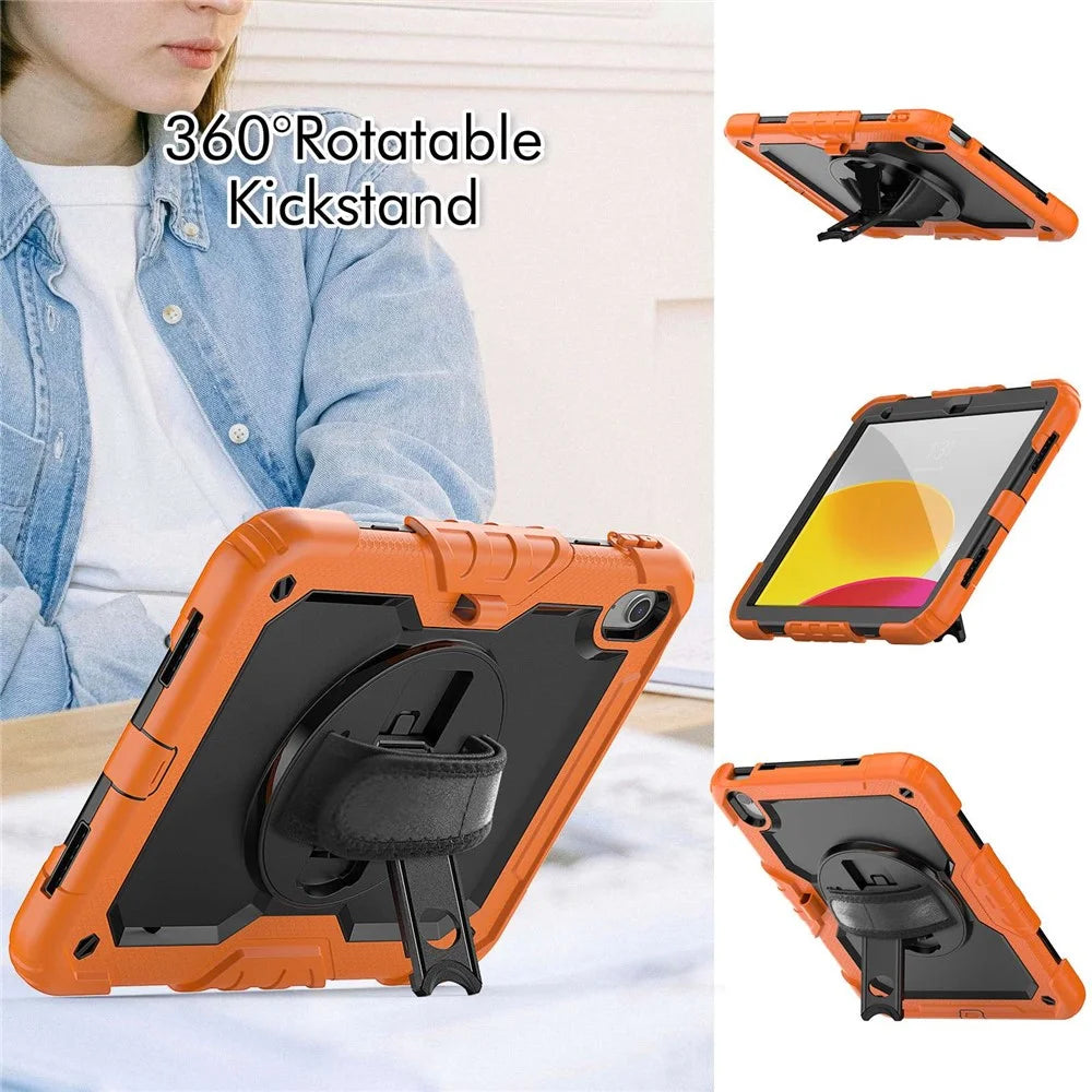 For iPad (2025) / iPad 10.9 (2022) Kickstand Case Shockproof Silicone + PC Tablet Cover with Rotating Hand Strap and Shoulder Strap - Orange - 3
