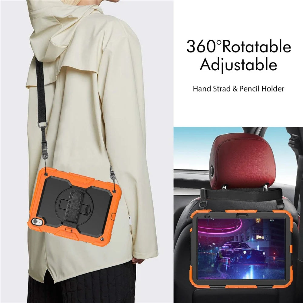 For iPad (2025) / iPad 10.9 (2022) Kickstand Case Shockproof Silicone + PC Tablet Cover with Rotating Hand Strap and Shoulder Strap - Orange - 5
