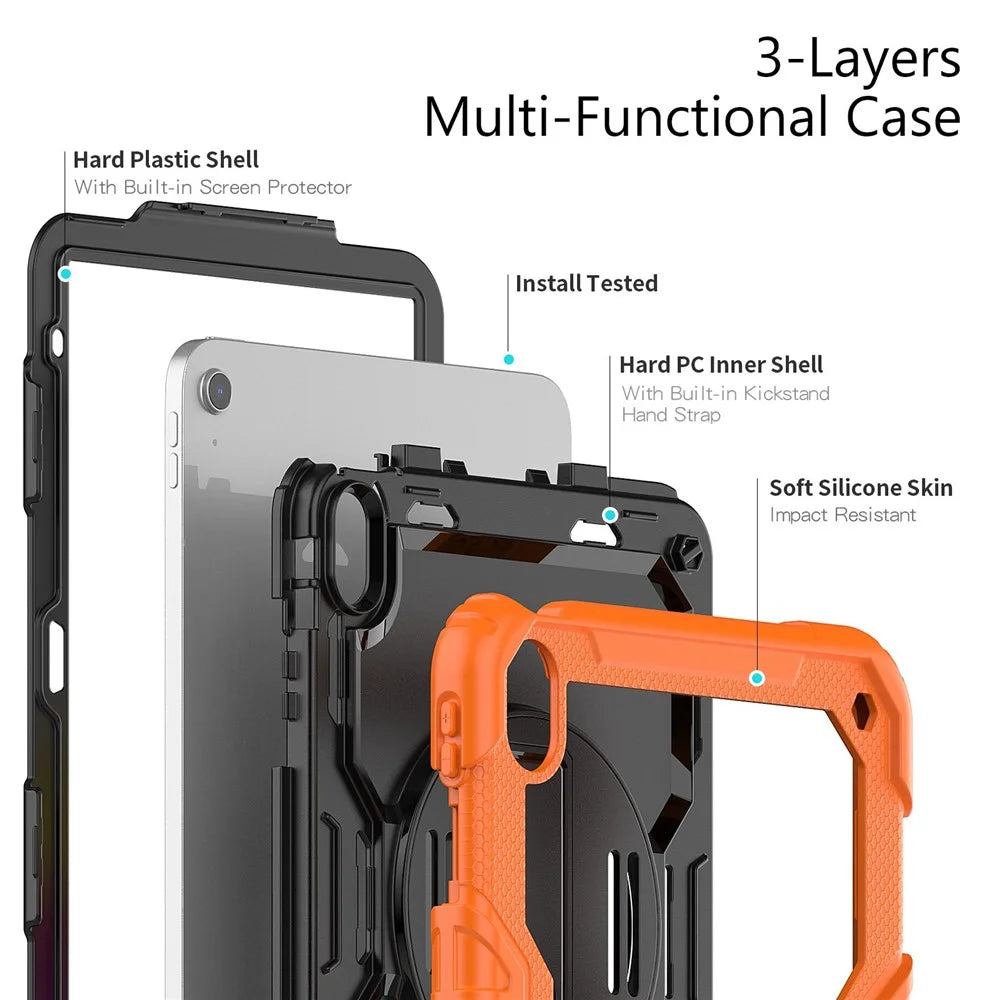 For iPad (2025) / iPad 10.9 (2022) Kickstand Case Shockproof Silicone + PC Tablet Cover with Rotating Hand Strap and Shoulder Strap - Orange - 6