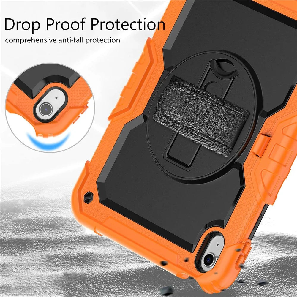 For iPad (2025) / iPad 10.9 (2022) Kickstand Case Shockproof Silicone + PC Tablet Cover with Rotating Hand Strap and Shoulder Strap - Orange - 7