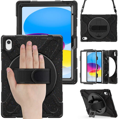 For iPad (2025) / 10.9 (2022) Case PC + Silicone Protective Cover with Hand Strap / Shoulder Strap - Dark Black - 1