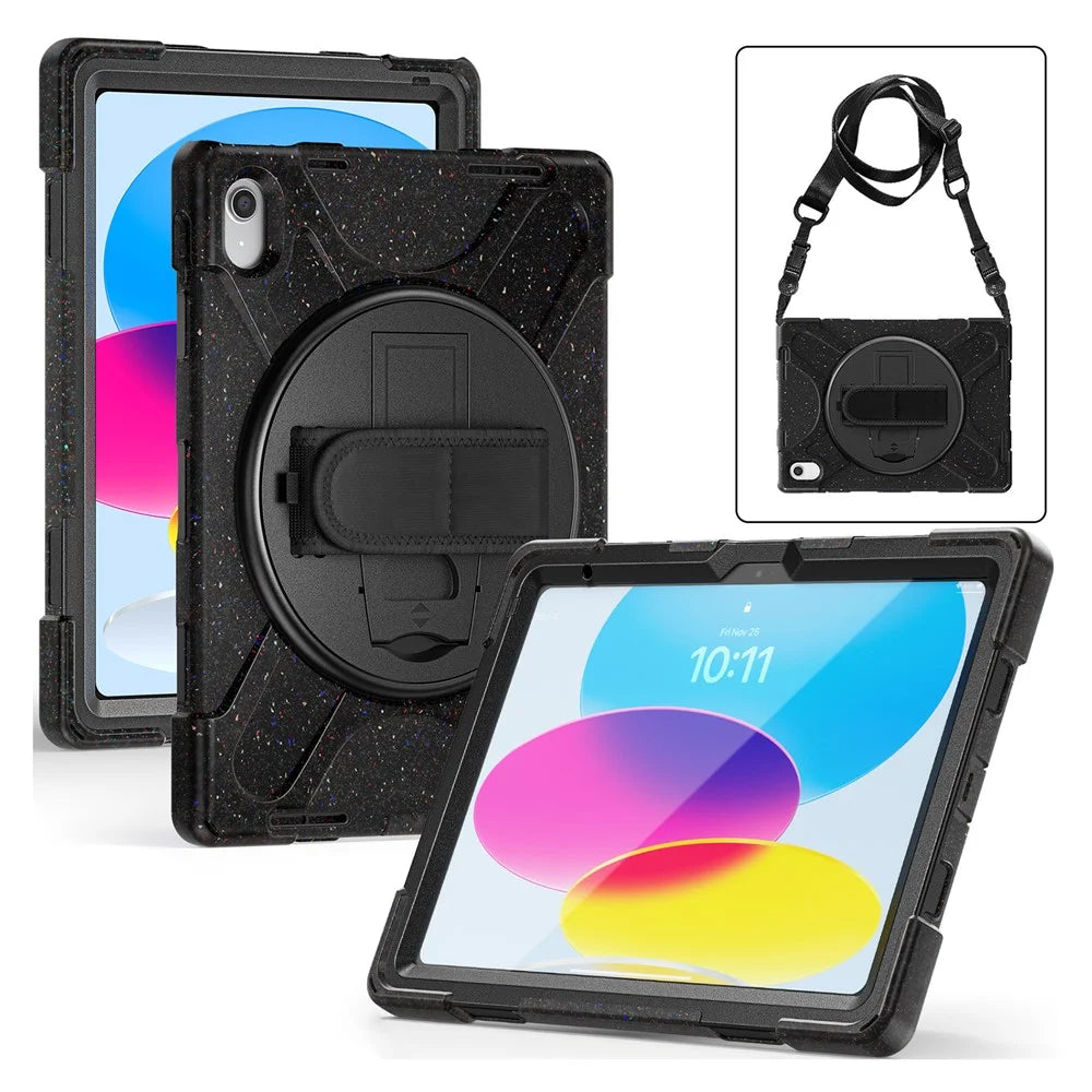 For iPad (2025) / 10.9 (2022) Case PC + Silicone Protective Cover with Hand Strap / Shoulder Strap - Dark Black - 2