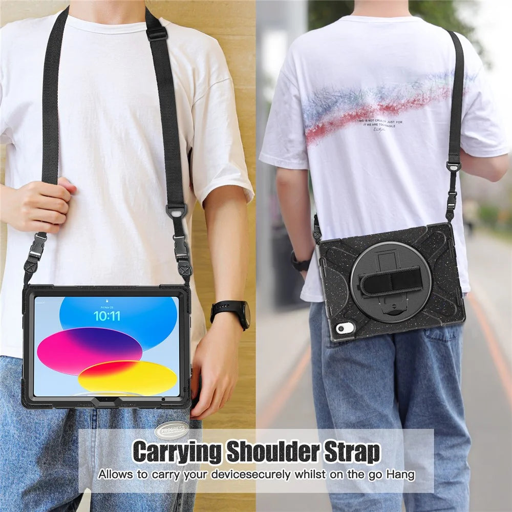 For iPad (2025) / 10.9 (2022) Case PC + Silicone Protective Cover with Hand Strap / Shoulder Strap - Dark Black - 4