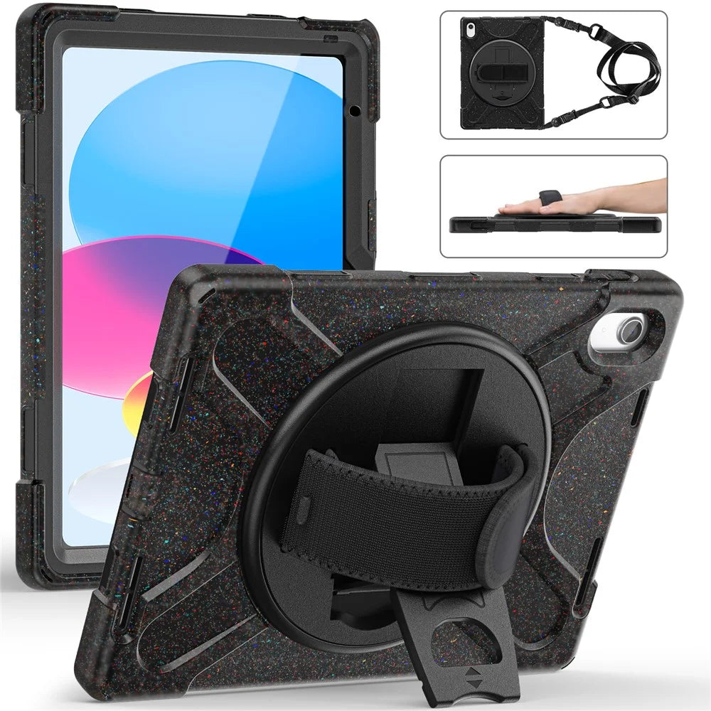 For iPad (2025) / 10.9 (2022) Case PC + Silicone Protective Cover with Hand Strap / Shoulder Strap - Dark Black - 5