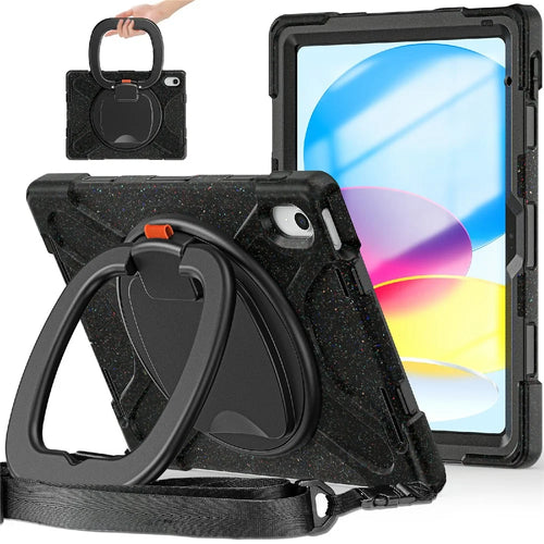For iPad (2025) / 10.9 (2022) Rotary Kickstand Tablet Case PC + Silicone Anti-Drop Cover with Shoulder Strap - Midnight Black - 1
