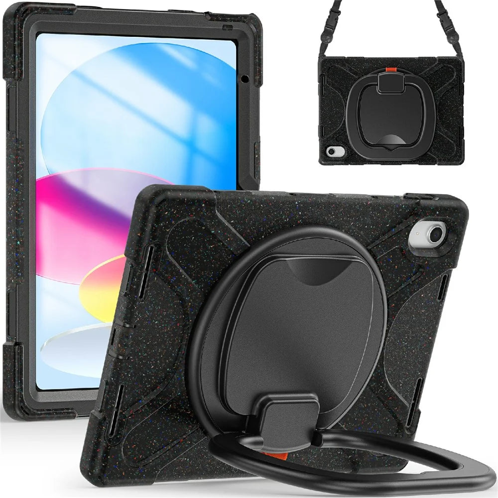 For iPad (2025) / 10.9 (2022) Rotary Kickstand Tablet Case PC + Silicone Anti-Drop Cover with Shoulder Strap - Midnight Black - 2