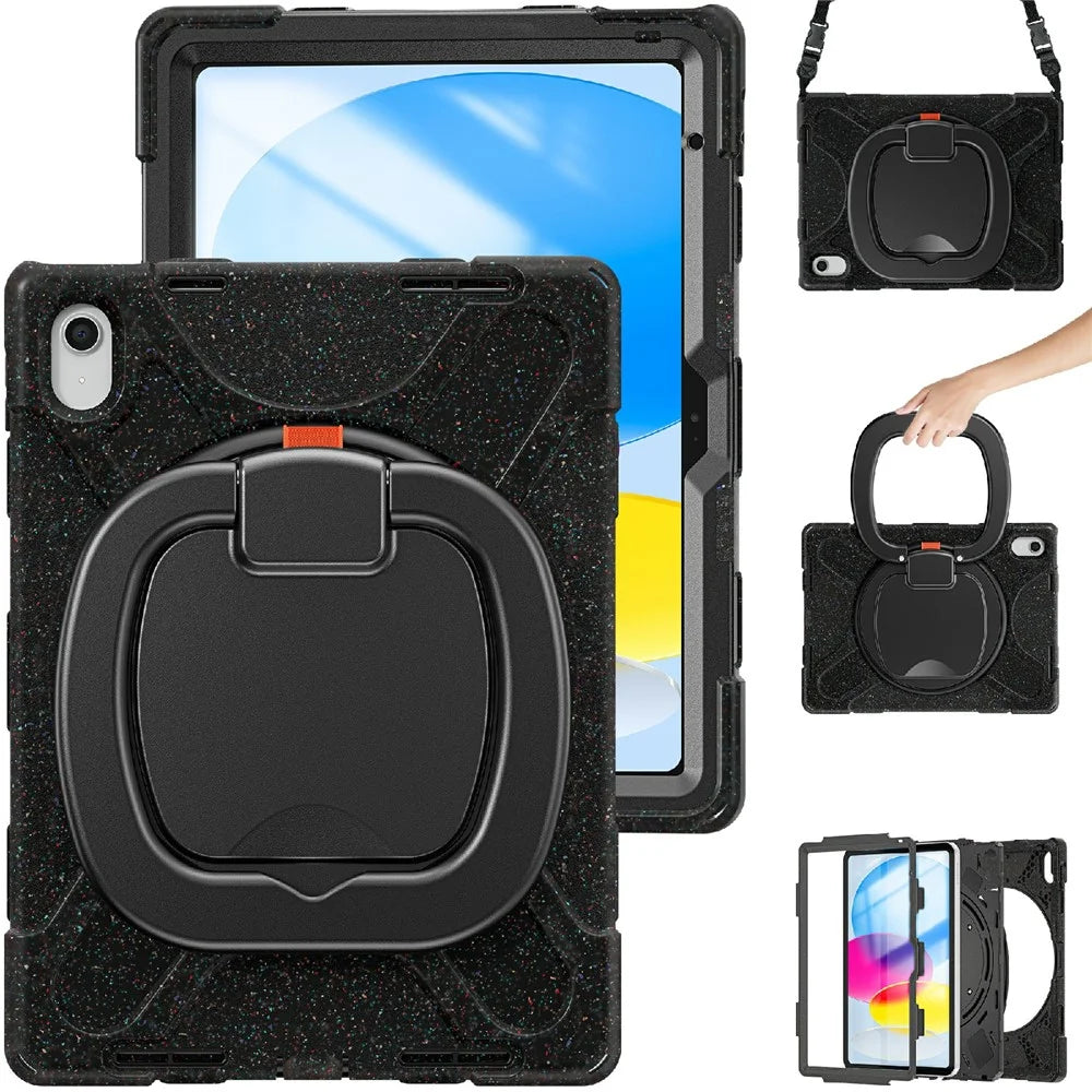 For iPad (2025) / 10.9 (2022) Rotary Kickstand Tablet Case PC + Silicone Anti-Drop Cover with Shoulder Strap - Midnight Black - 3