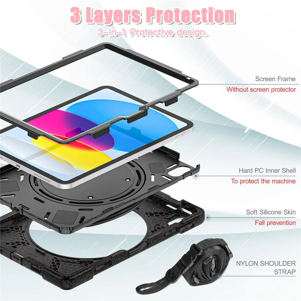 For iPad (2025) / 10.9 (2022) Rotary Kickstand Tablet Case PC + Silicone Anti-Drop Cover with Shoulder Strap - Midnight Black - 4