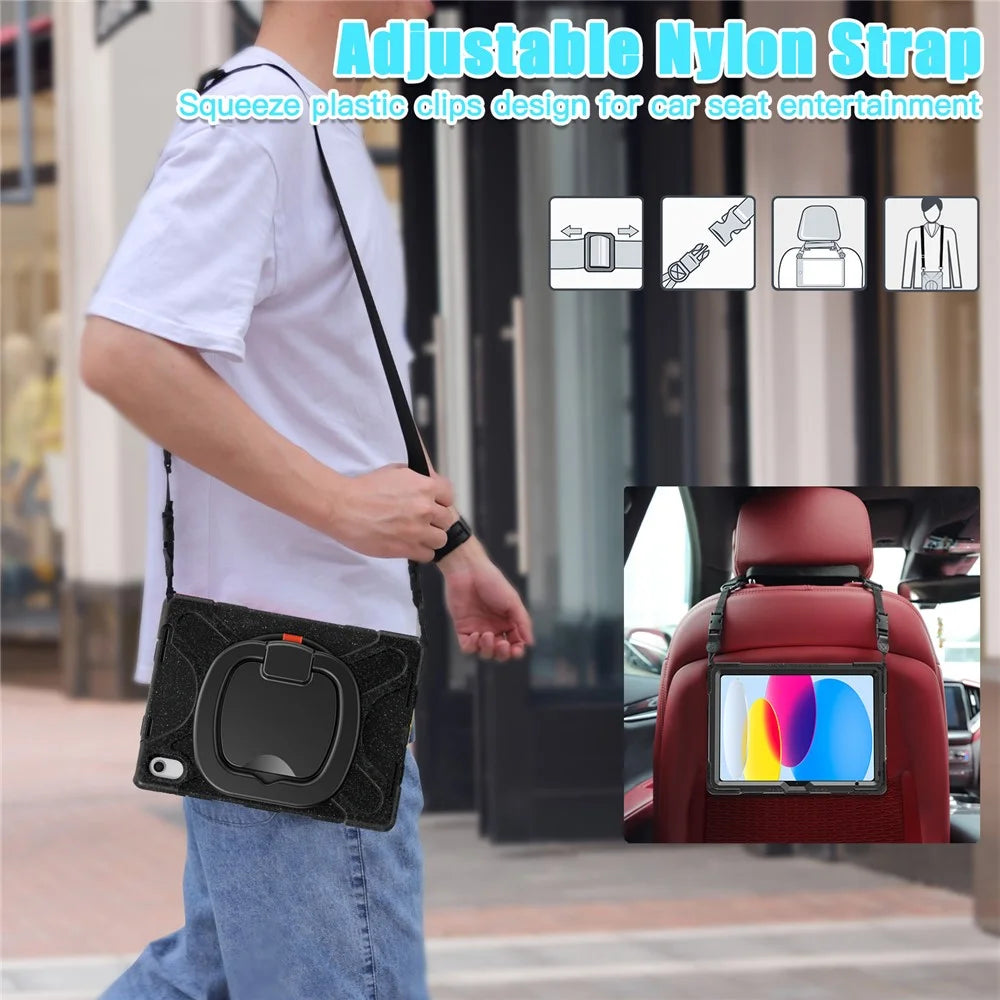 For iPad (2025) / 10.9 (2022) Rotary Kickstand Tablet Case PC + Silicone Anti-Drop Cover with Shoulder Strap - Midnight Black - 5