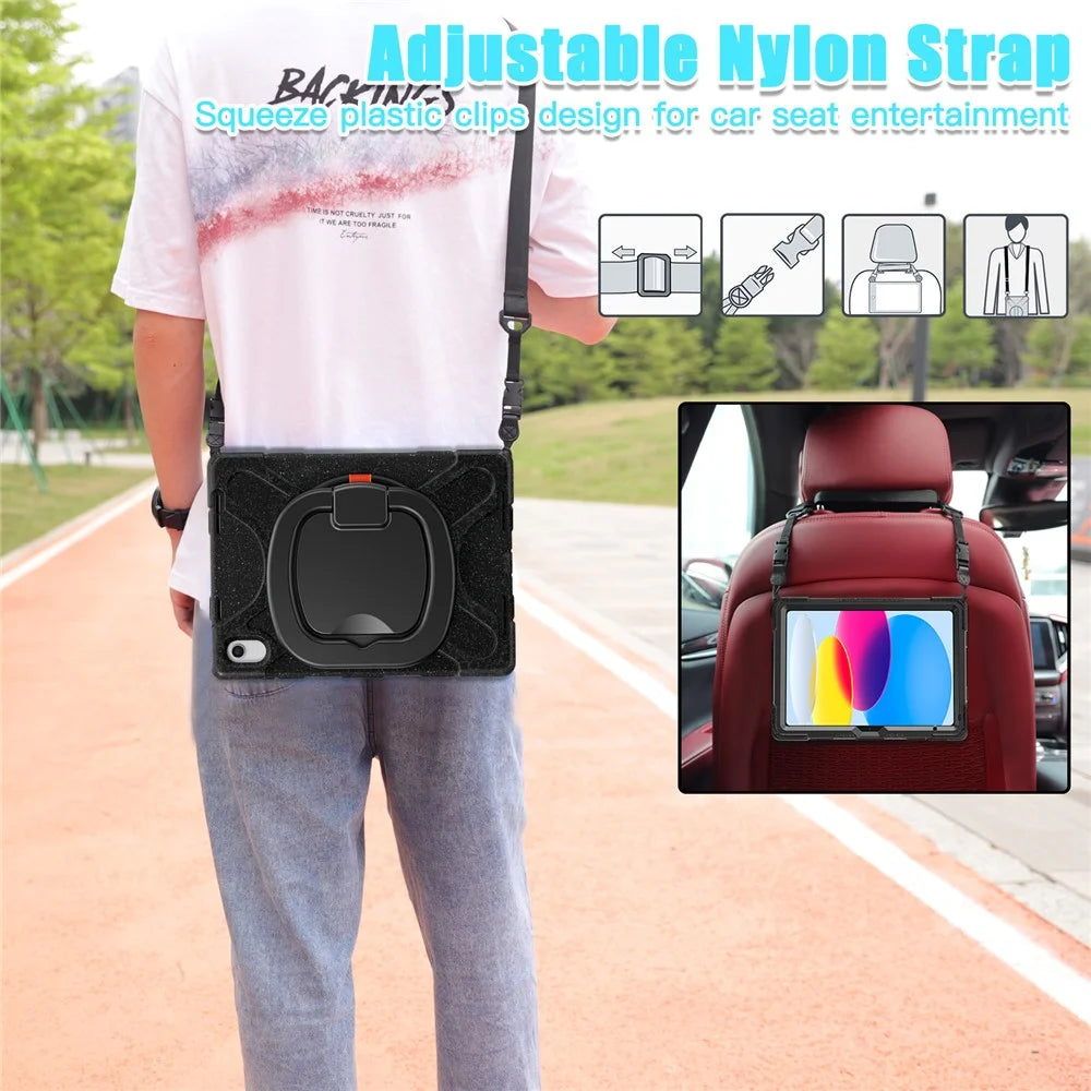 For iPad (2025) / 10.9 (2022) Rotary Kickstand Tablet Case PC + Silicone Anti-Drop Cover with Shoulder Strap - Midnight Black - 6