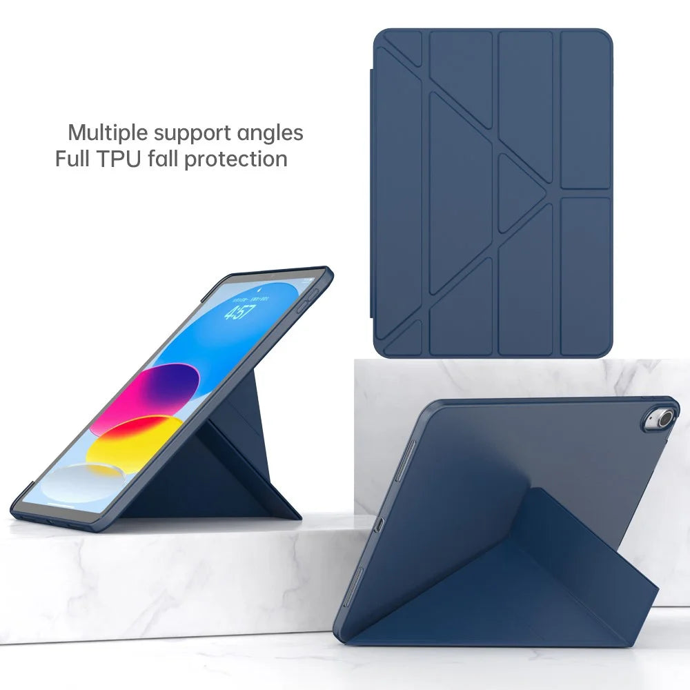 For iPad (2025) / 10.9 (2022) Origami Stand PU Leather + TPU Protective Case Tablet Drop-Proof Cover - Dark Blue - 2