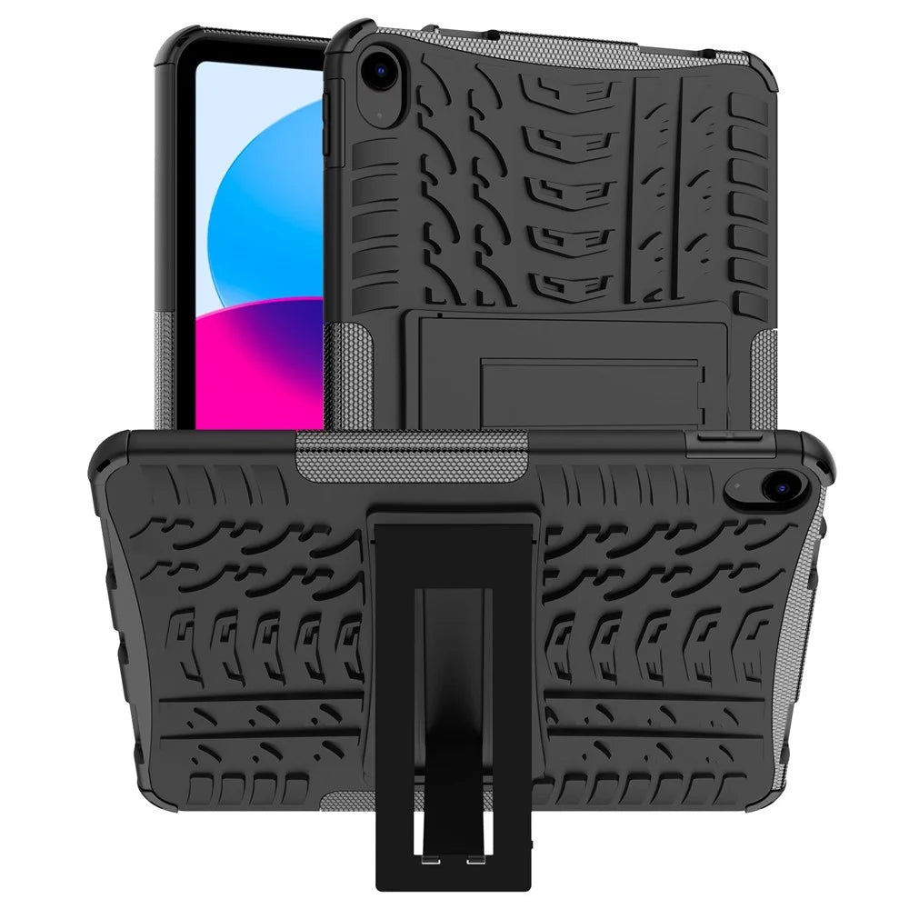 For iPad (2025)/iPad 10.9 (2022) Tablet Case Tire Texture Kickstand TPU + PC Protective Cover - Black - 1