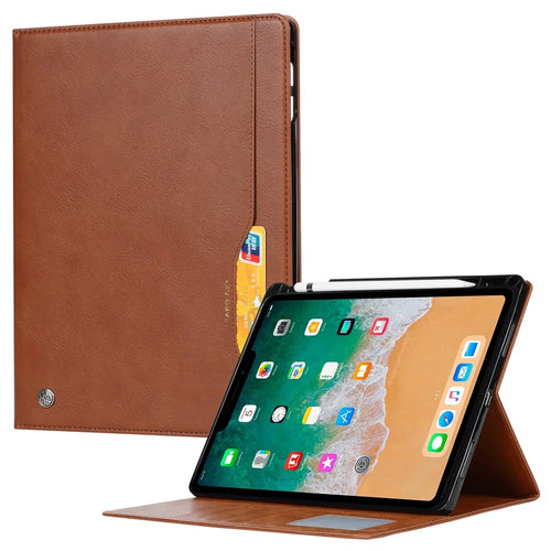 For iPad (2025) / 10.9 (2022) Outer Card Slot Design PU Leather Tablet Case Foldable Stand Wallet Pen Slot Cover with Auto Wake / Sleep - Brown - 1